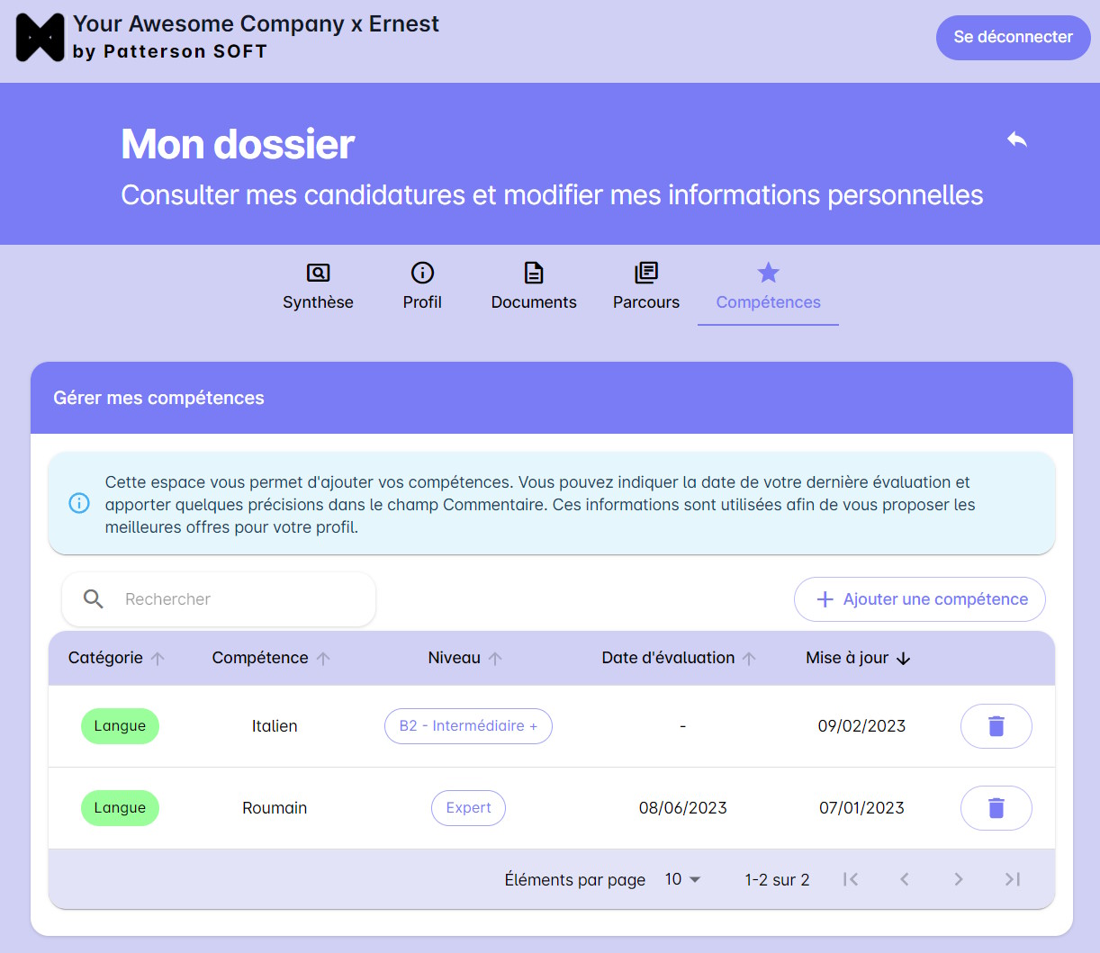 Gérer les compétences - Vue des compétences dans l'espace Candidat