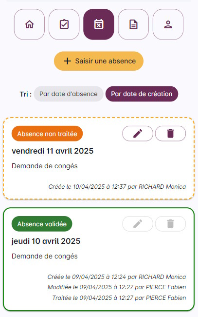 Comment saisir une absence - Vue principale des absences