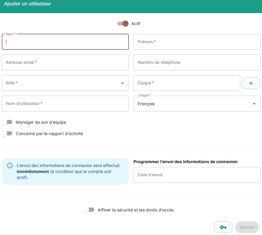 Gérer les utilisateurs - Formulaire de création d'un compte utilisateur