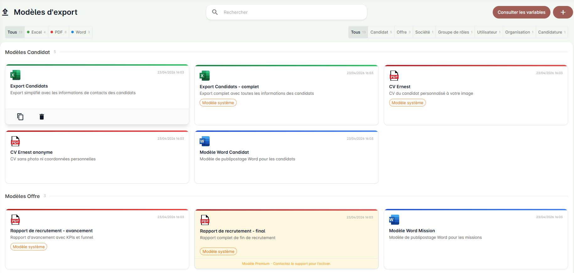 Liste des modèles avec filtres par format et par module