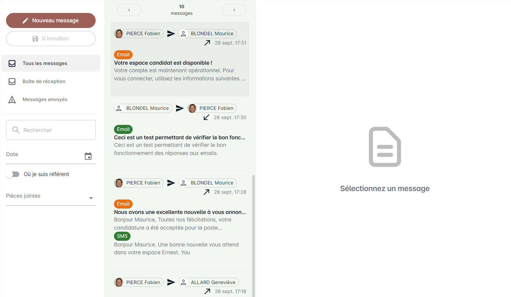Vue générale du module Messagerie