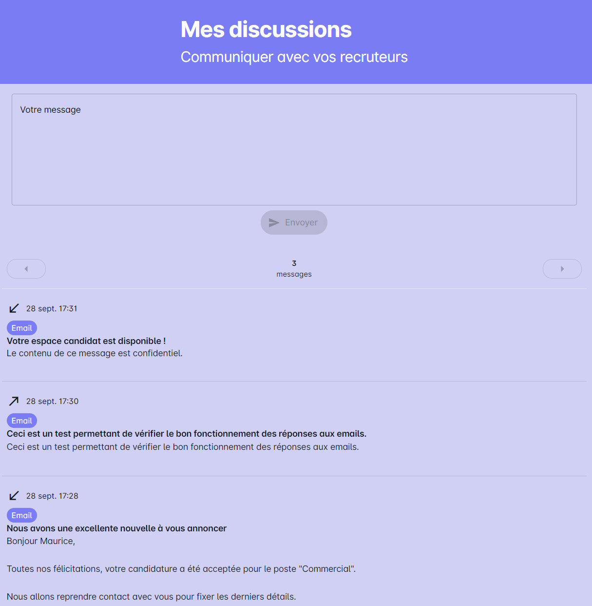 Vue des messages dans l'espace Candidat