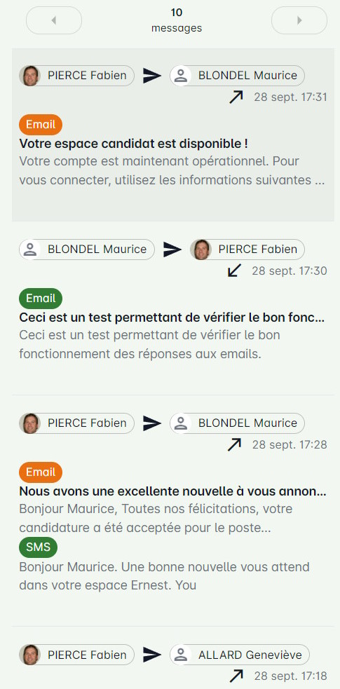 Vue des messages dans le module Messagerie