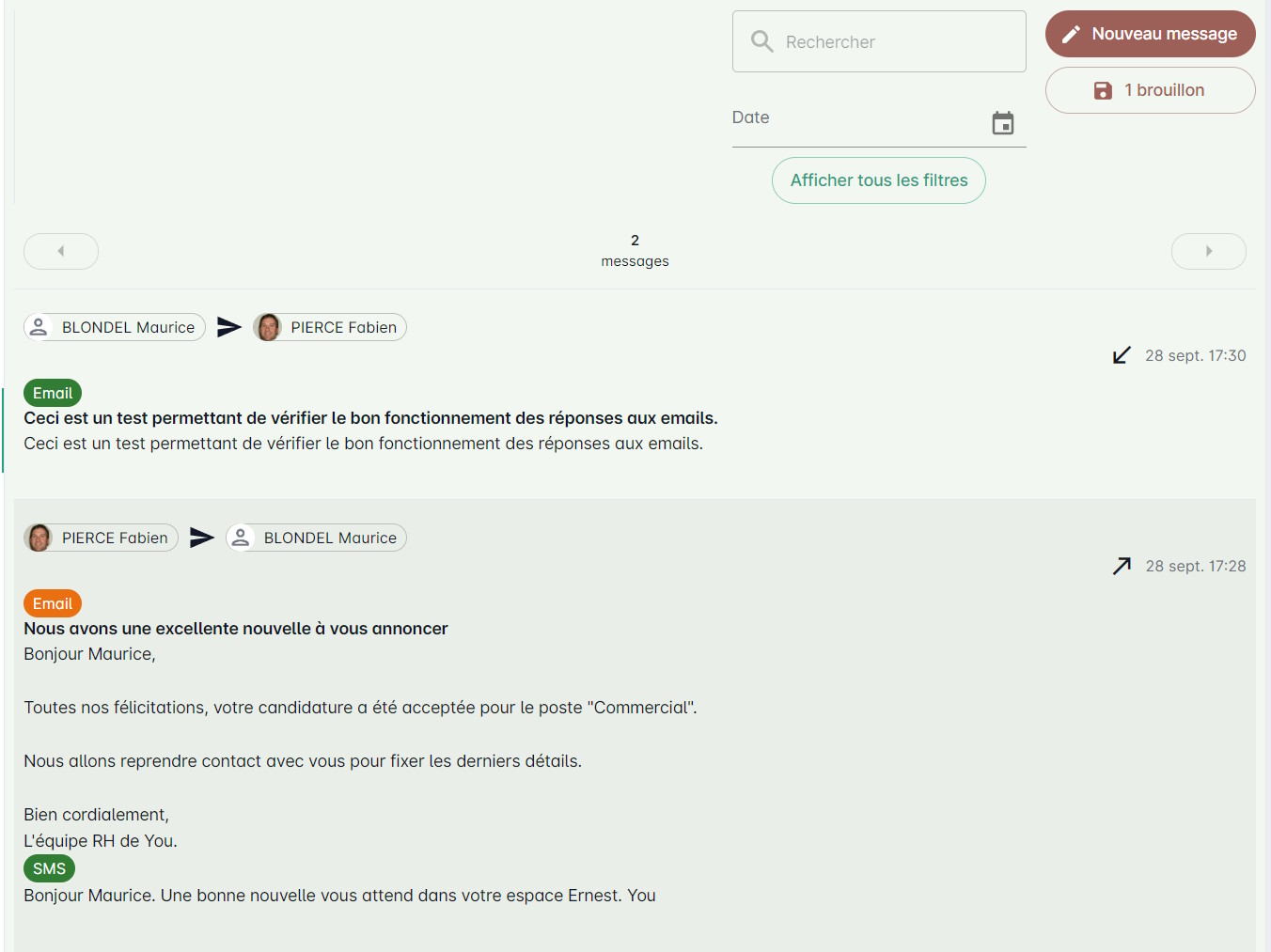 Vue des messages dans une fiche
