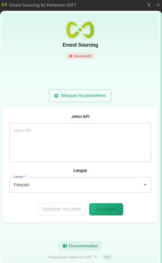 Saisie du jeton Ernest Sourcing