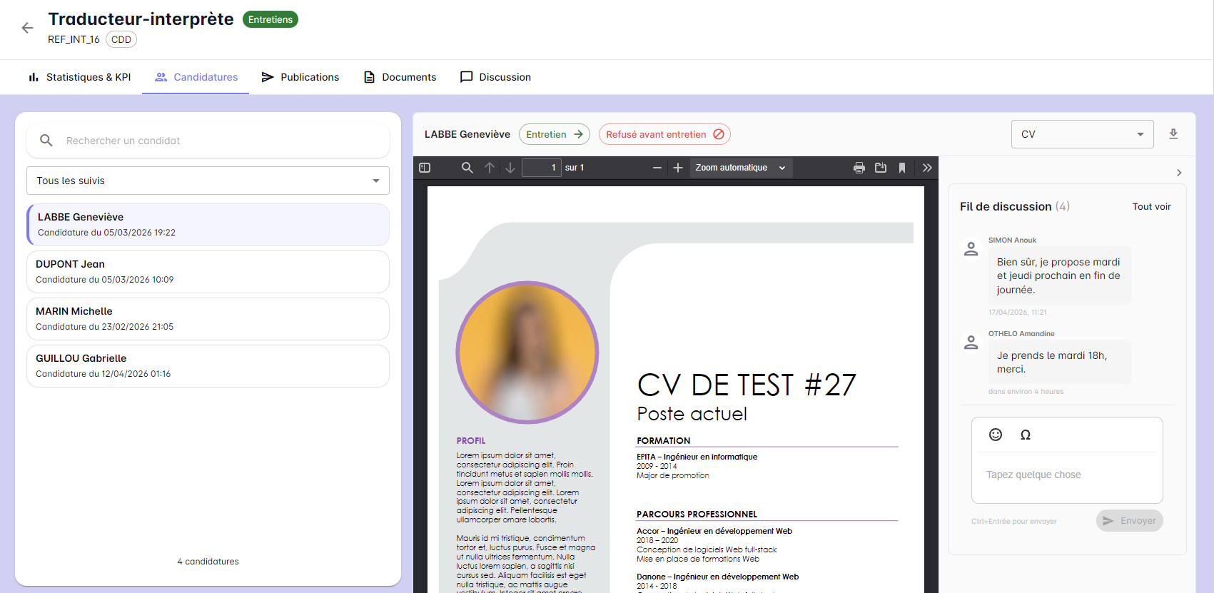 Fil de discussion à droite du CV dans l'espace OPS