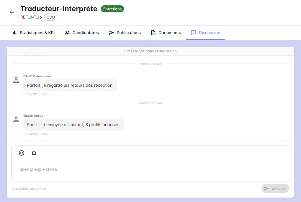 Onglet Discussion d'une offre dans l'espace OPS