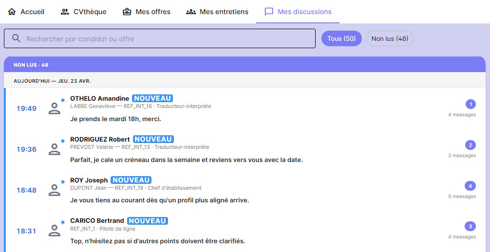 Vue globale Mes discussions dans l'espace OPS avec filtre de recherche