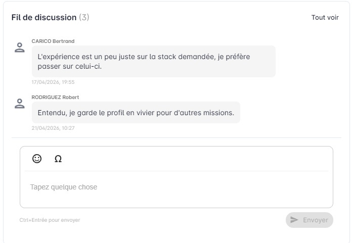 Fil embarqué dans la page de traitement d'une candidature avec aperçu et bouton Tout voir