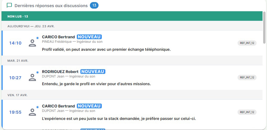 Encadré Dernières réponses aux discussions sur le dashboard recruteur