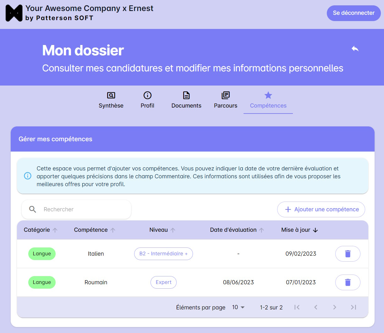 Vue des compétences dans l'espace Candidat