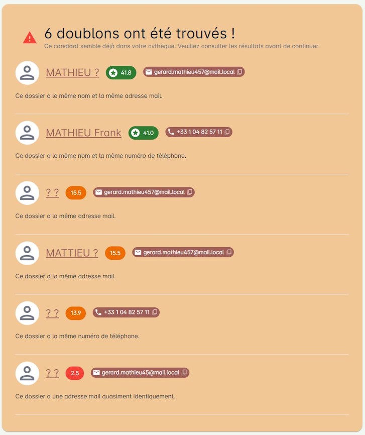 Exemple de doublons détectés
