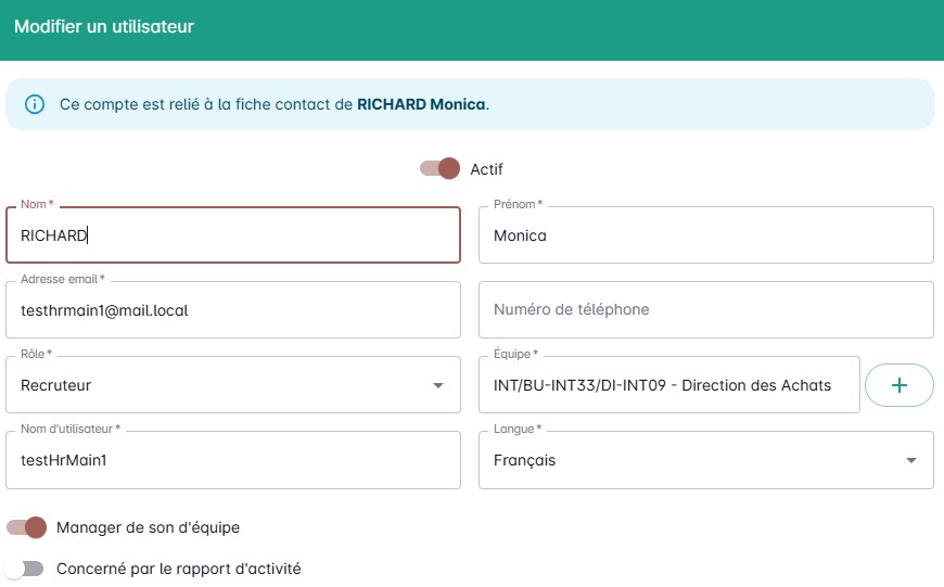 Formulaire de modification d'un compte utilisateur