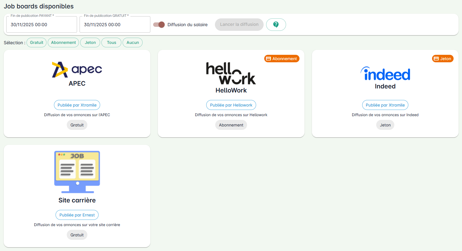 Onglet Multi-diffusion (jobboards)