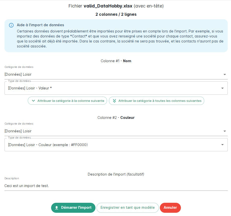 Formulaire de configuration de l'import