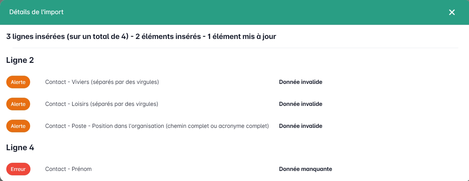Détails des remontées d'erreurs et d'alertes d'un import