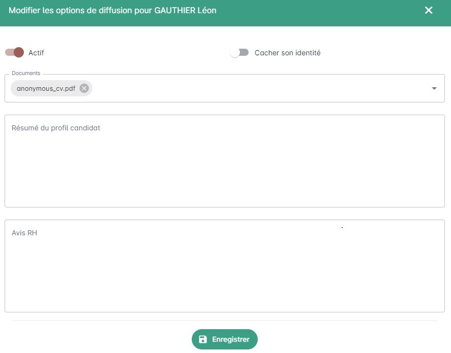 Formulaire de modification des options de diffusion d'un candidat