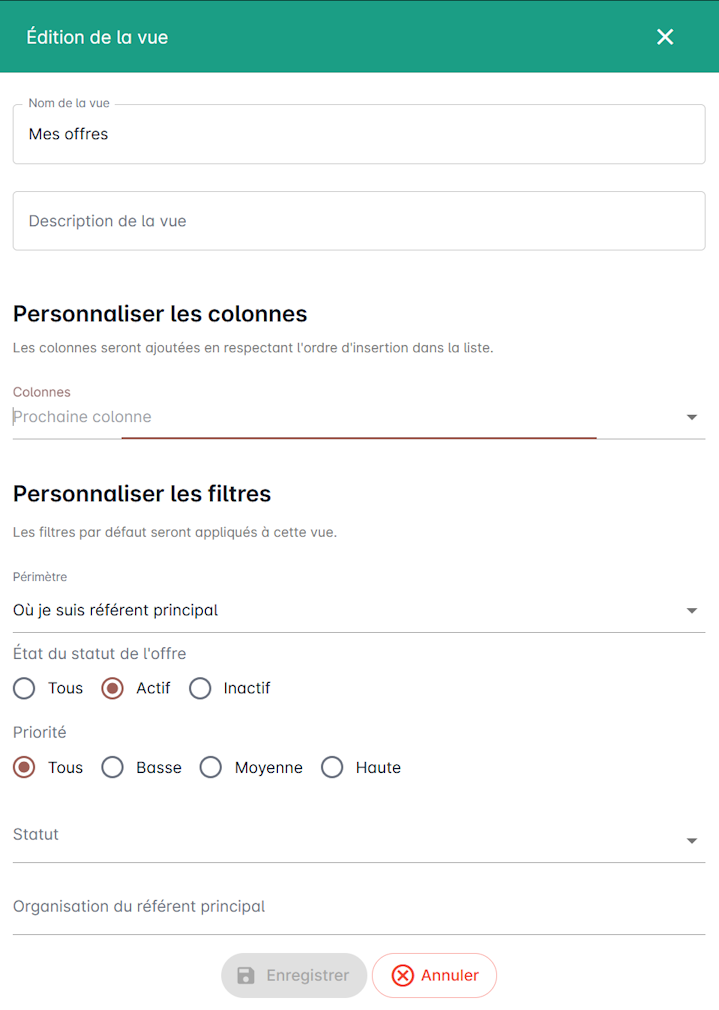Formulaire de création d'une vue (offres actives)