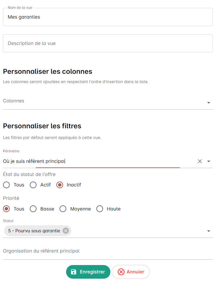 Formulaire de création d'une vue (offres sous garantie)
