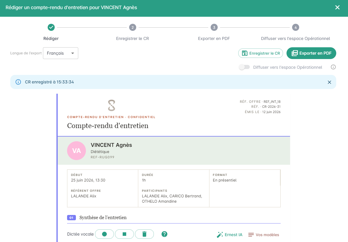 Éditeur de compte-rendu : fil de progression, boutons d'action et aperçu