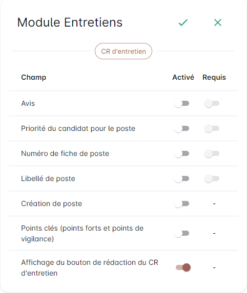 Paramétrage des champs du compte-rendu (droits Administrateur)