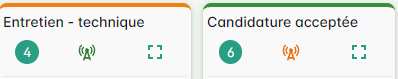 Kanban avec icônes vertes et oranges indiquant les colonnes qui lancent ou arrêtent la diffusion d'une candidature