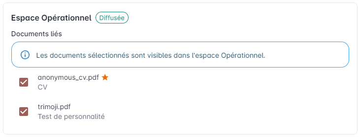 Encadré Espace Opérationnel de la page de traitement de la candidature avec statut de diffusion, cases à cocher et étoile de favori