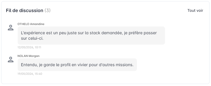 Encadré Fil de discussion de la page de traitement de la candidature avec aperçu des deux derniers messages et zone de réponse rapide