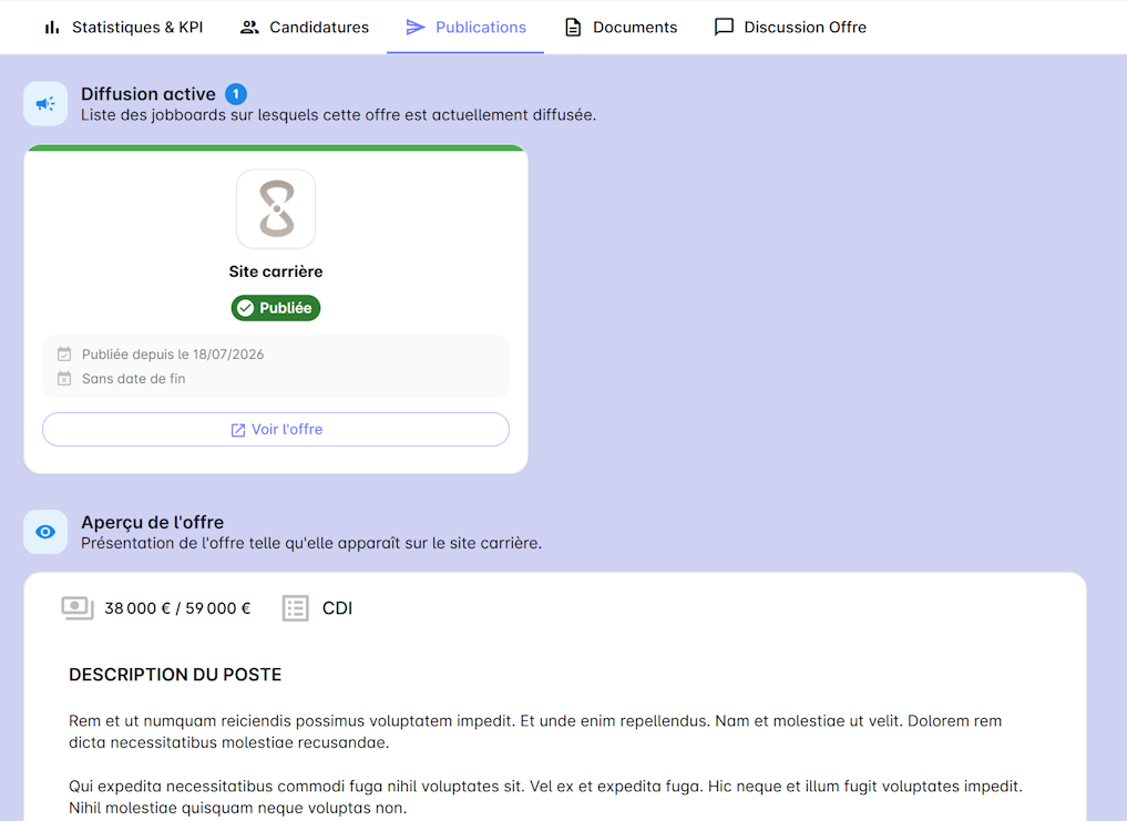 Onglet Publications d'une offre avec les jobboards de diffusion en cartes (statuts et dates) et l'aperçu de l'offre