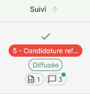 Liste des candidatures côté espace recruteur avec l'indicateur de diffusion pour rendre une candidature visible dans l'espace opérationnel