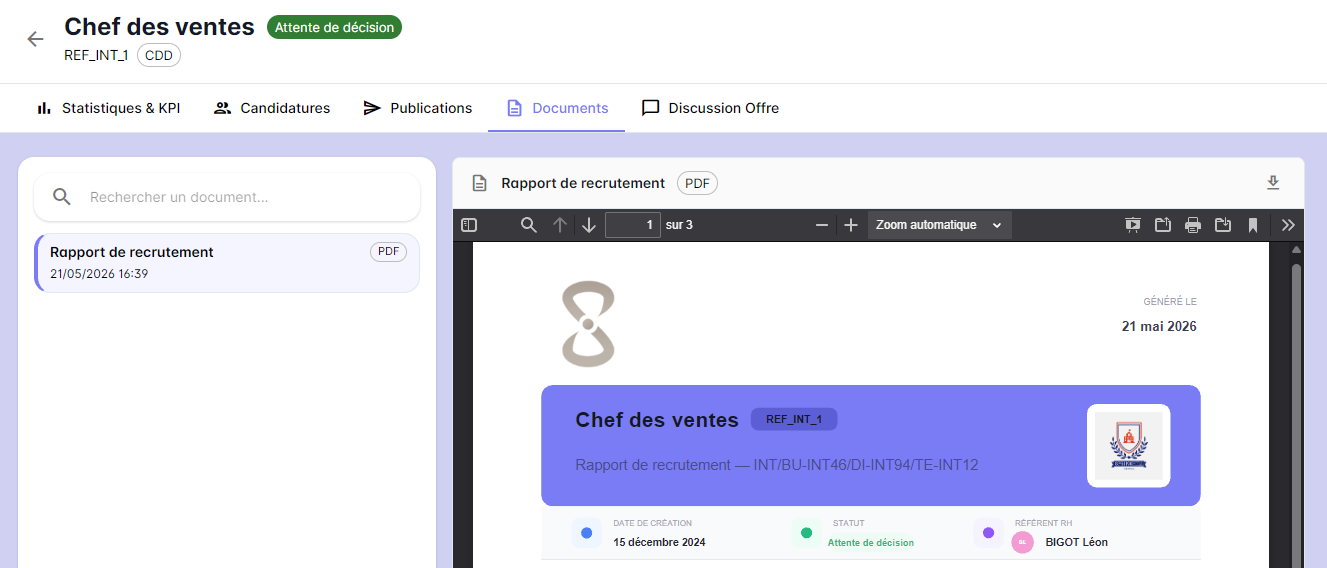 Onglet Documents d'une offre avec un document ouvert en aperçu, ici un rapport de recrutement