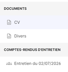 Liste déroulante des pièces d'une candidature : documents et comptes-rendus d'entretien