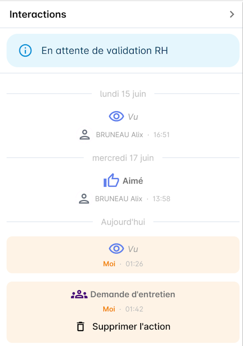 Rail Interactions de la fiche candidat affichant la chronologie des positionnements de l'équipe, avec l'auteur de chaque action