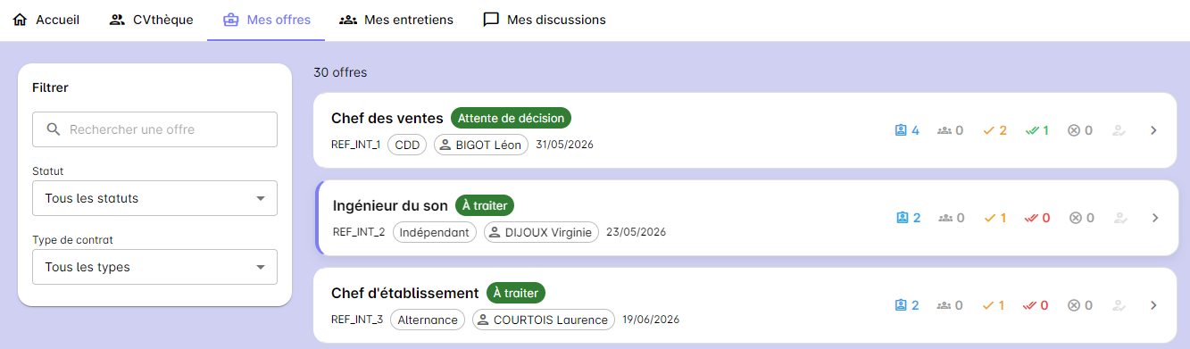 Liste des offres avec filtres et indicateurs de pipeline