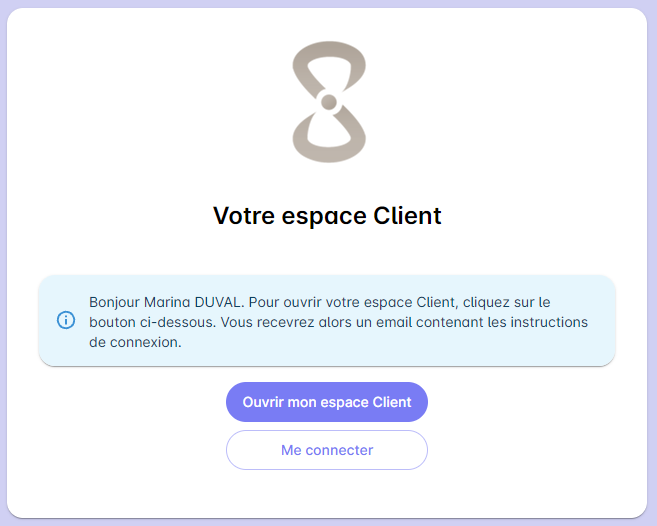 Page d'activation reçue par le contact via le lien email, avec bouton d'ouverture de son accès