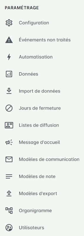 Section Paramétrage du menu
