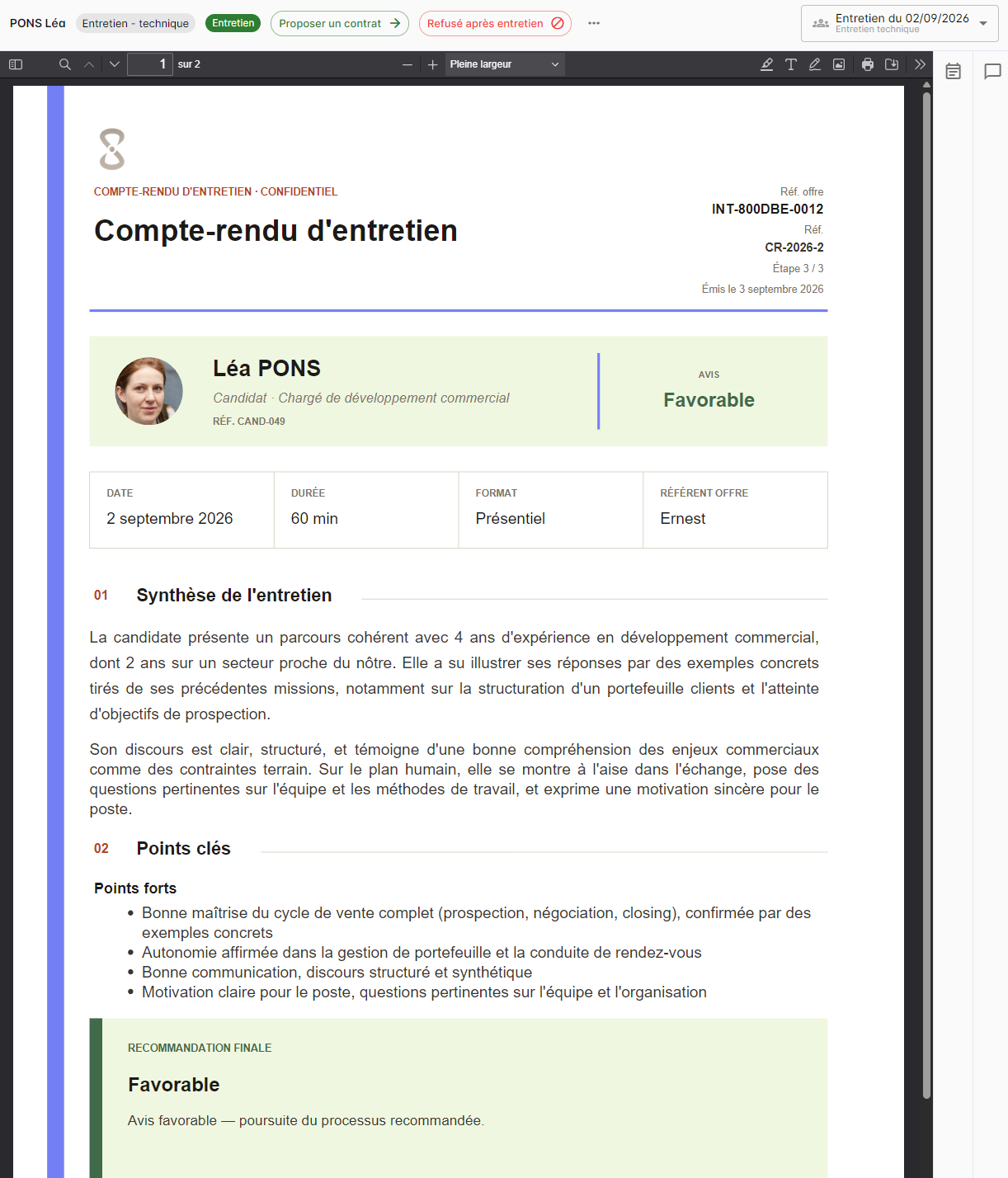 Aperçu du PDF généré dans l'espace opérationnel